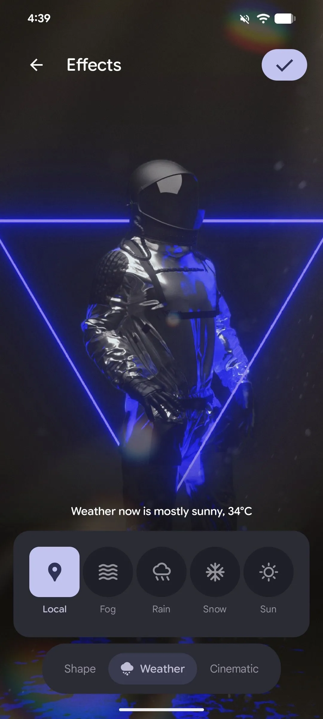 Giao diện áp dụng hiệu ứng thời tiết cục bộ (Local Weather Effect) cho hình nền Android 16