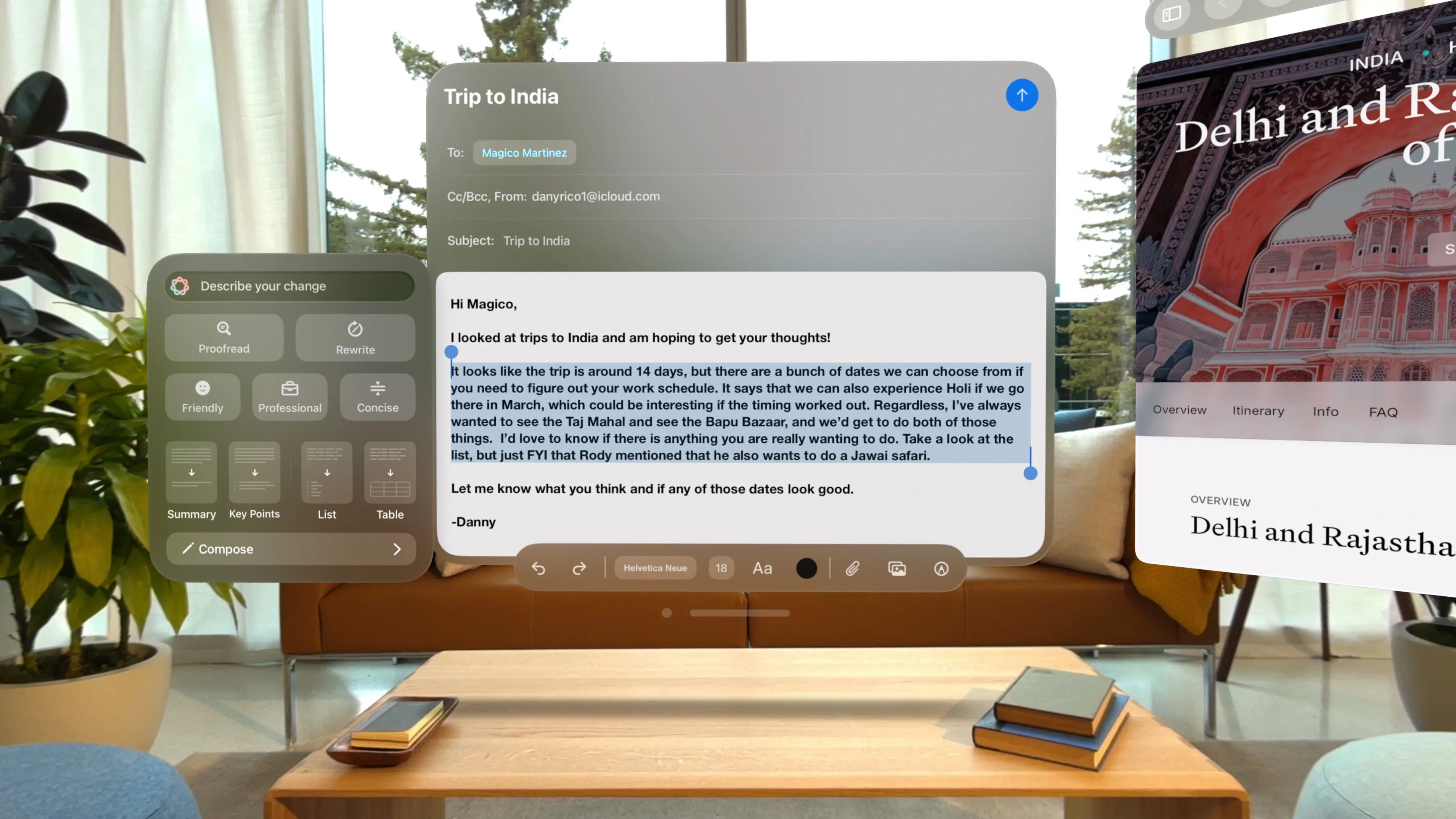 Giao diện Apple Intelligence đang hoạt động trên kính thực tế hỗn hợp Apple Vision Pro.