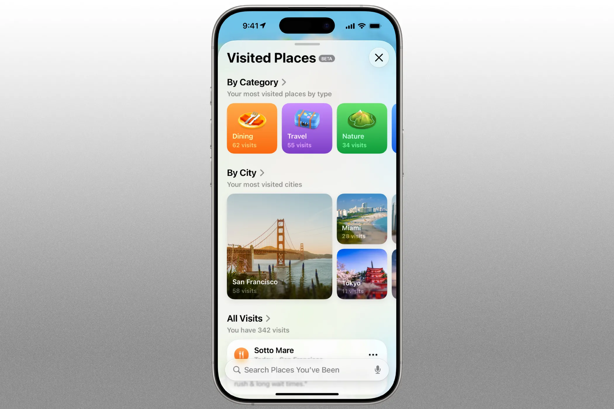 Giao diện Apple Maps với tính năng Địa điểm Đã Ghé thăm (Visited Places) trên iOS 26
