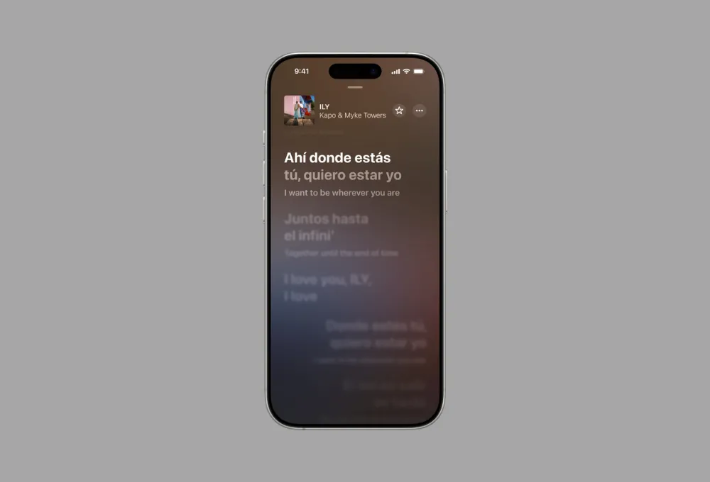 Giao diện Apple Music hiển thị lời bài hát với bản dịch song ngữ trực tiếp, giúp người dùng dễ dàng theo dõi và hiểu nội dung bài hát
