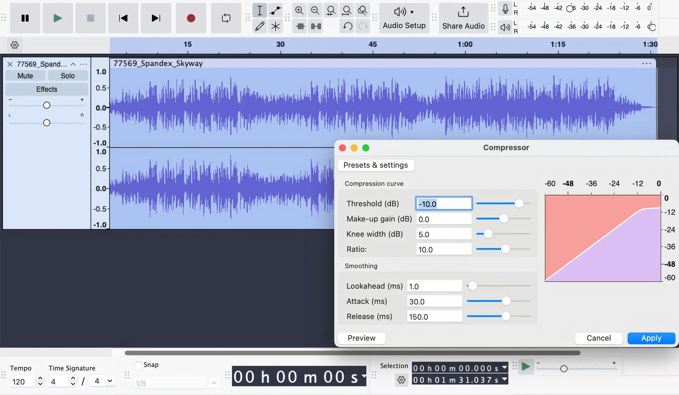 Giao diện Audacity với plugin nén âm thanh đang được chọn