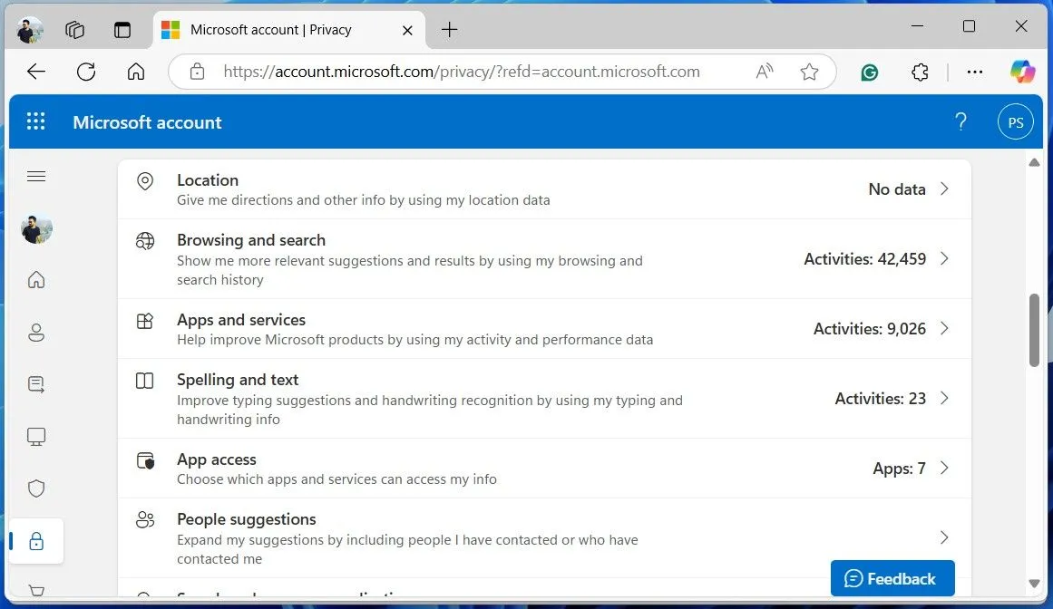 Giao diện Bảng điều khiển quyền riêng tư Microsoft trong trình duyệt