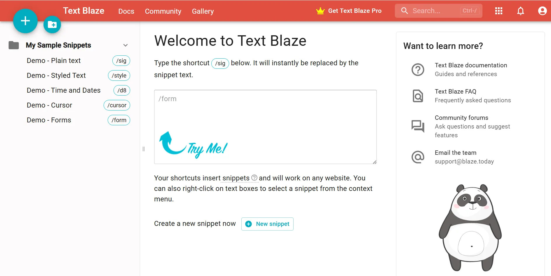 Giao diện bảng điều khiển Text Blaze trên Chrome