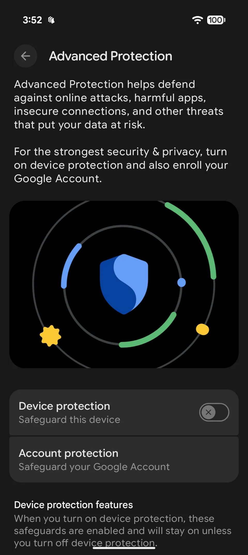 Giao diện bật Chế độ Bảo vệ Nâng cao trên Android 16