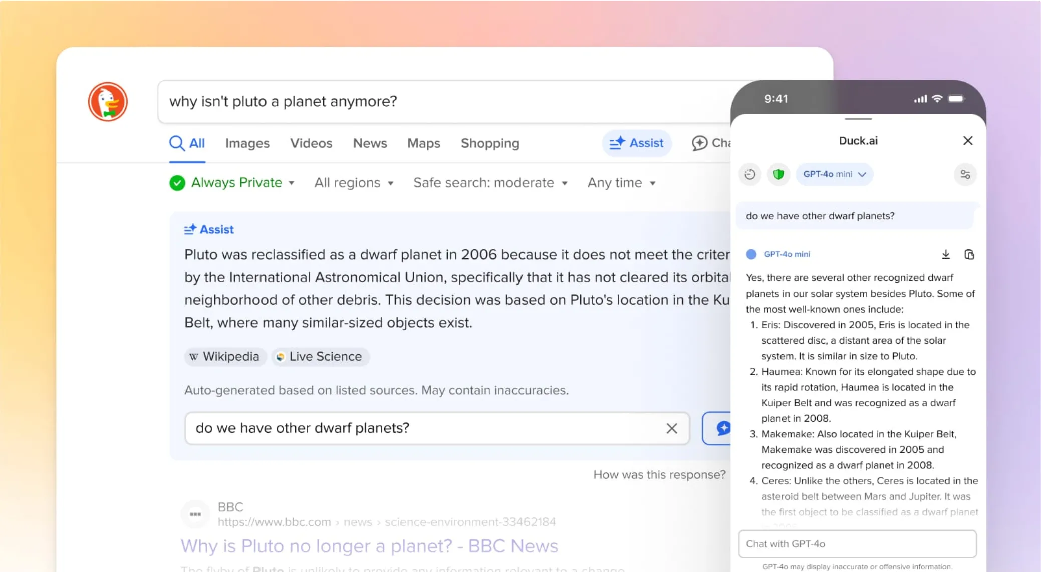Giao diện các tính năng AI của DuckDuckGo trên trình duyệt máy tính và điện thoại, bao gồm tóm tắt và chatbot