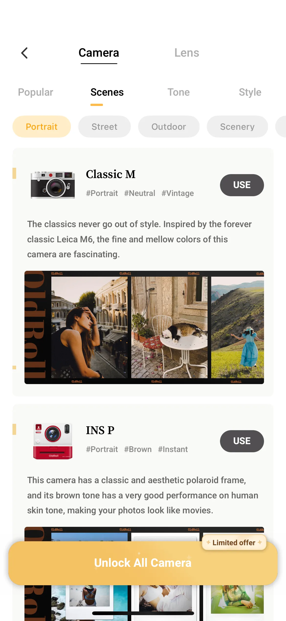 Giao diện các tùy chọn camera miễn phí và trả phí trong ứng dụng OldRoll.