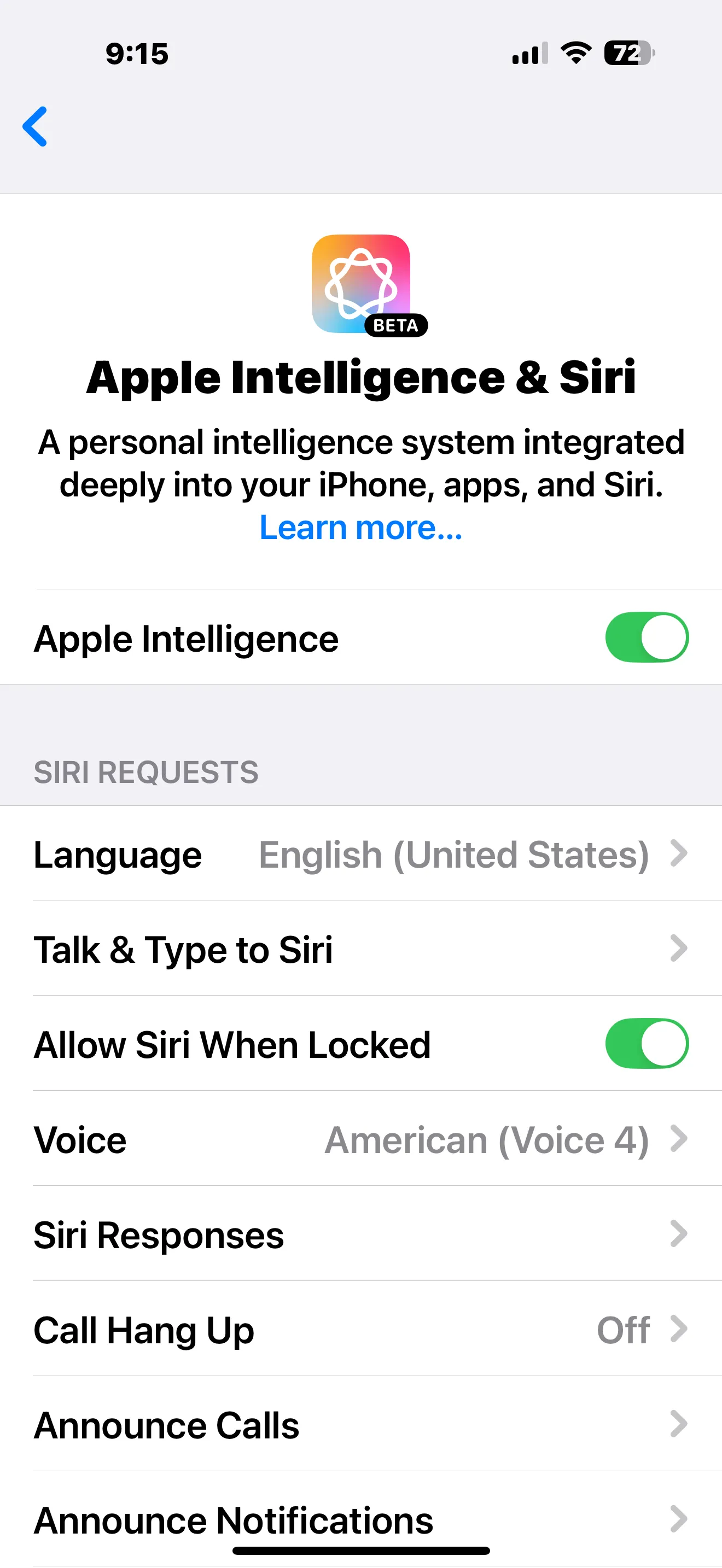 Giao diện cài đặt Apple Intelligence &amp; Siri trên iPhone hiển thị tùy chọn tắt tính năng AI