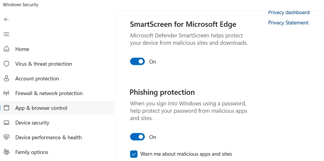 Giao diện cài đặt bảo vệ chống lừa đảo trong ứng dụng Windows Security