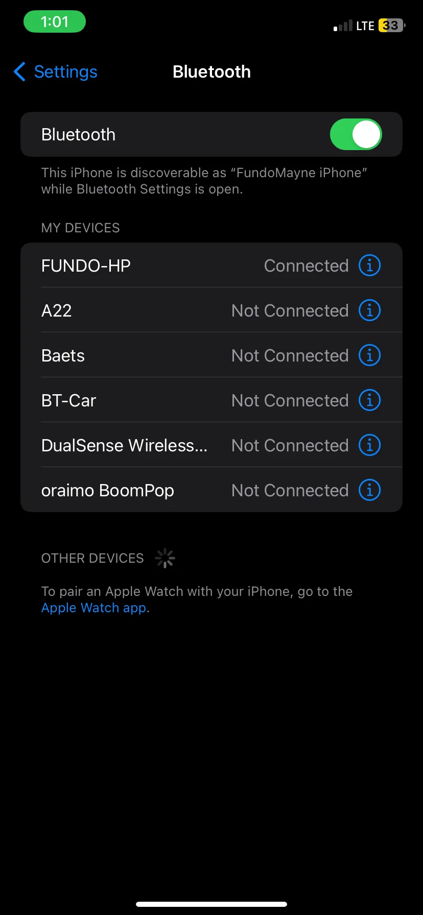 Giao diện cài đặt Bluetooth trên iPhone cho phép người dùng tắt kết nối không dây để tiết kiệm pin