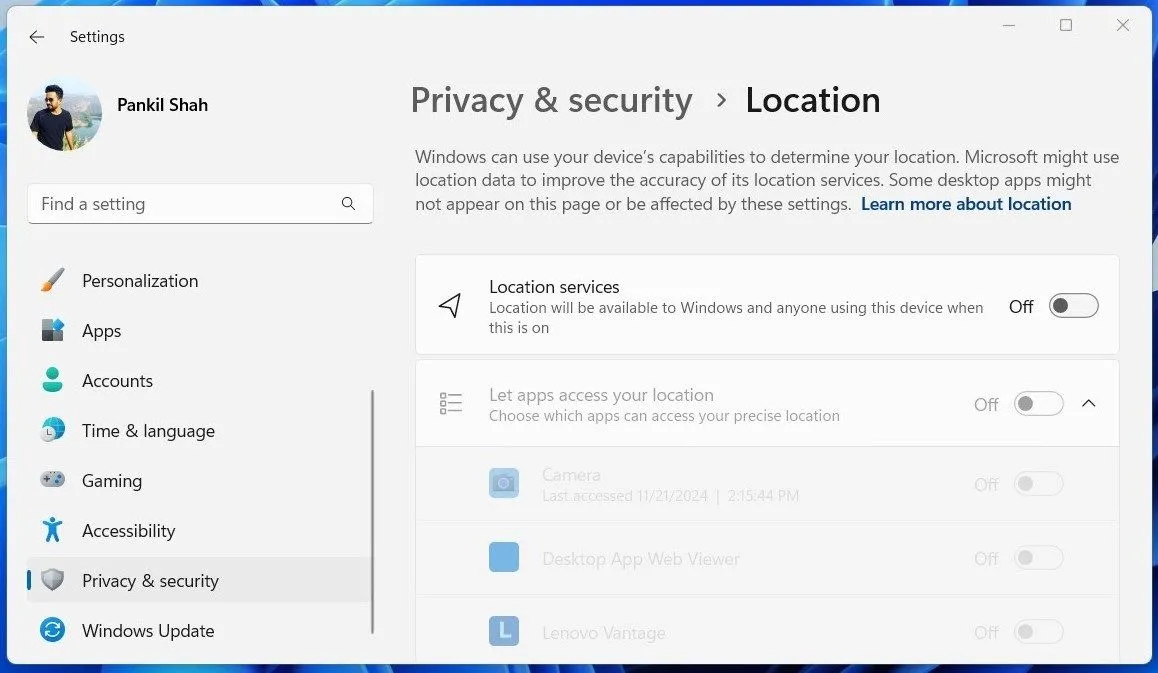 Giao diện cài đặt Dịch vụ Định vị (Location Services) trên Windows 11, một tính năng quan trọng để xác định vị trí thiết bị.