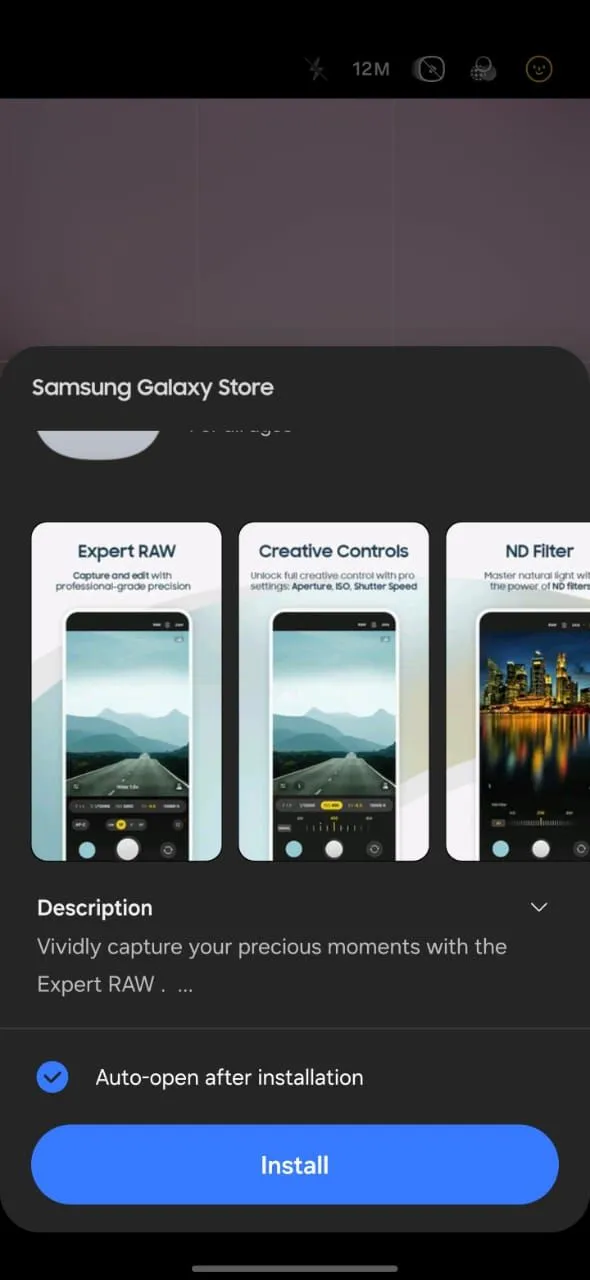 Giao diện cài đặt Expert RAW từ Galaxy Store trên điện thoại Samsung