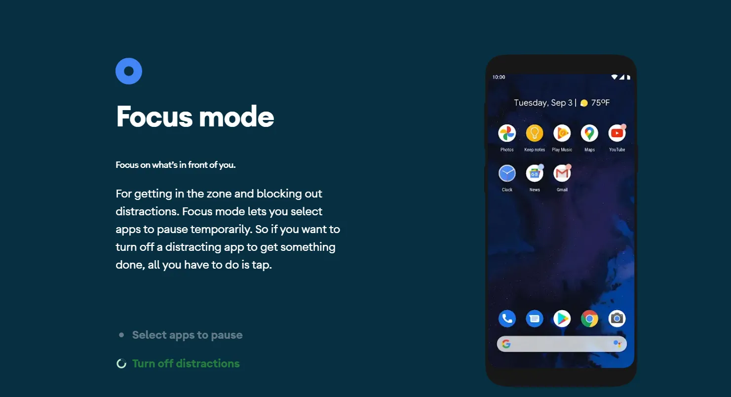 Giao diện cài đặt &quot;Focus Mode&quot; trên điện thoại Android, cho phép người dùng tạm dừng các ứng dụng gây xao nhãng để tăng cường khả năng tập trung vào công việc.