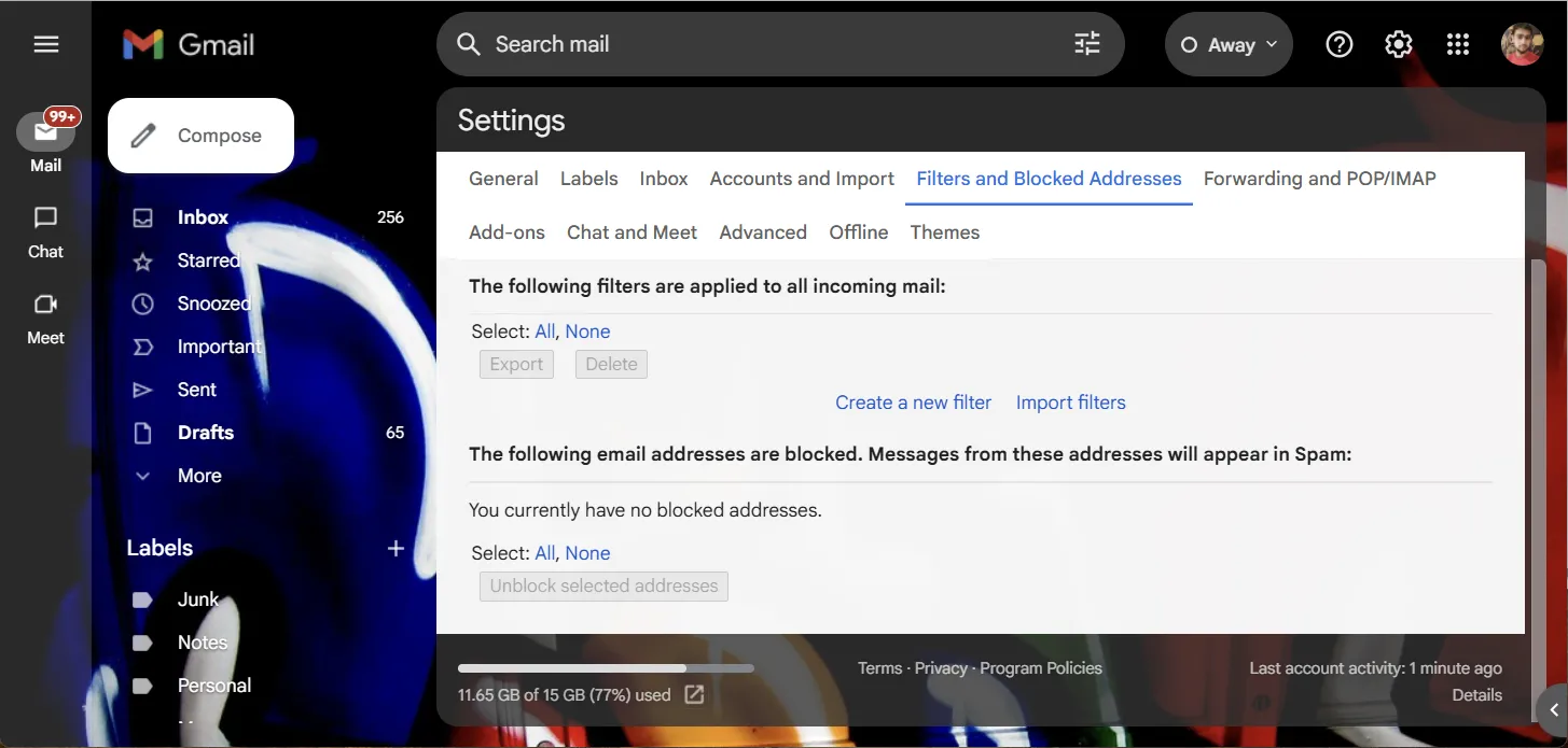 Giao diện cài đặt Gmail để lọc email thông báo mua hàng