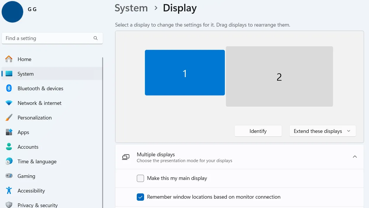 Giao diện cài đặt hiển thị (Display settings) trên Windows 11, cho phép tùy chỉnh các màn hình đã kết nối