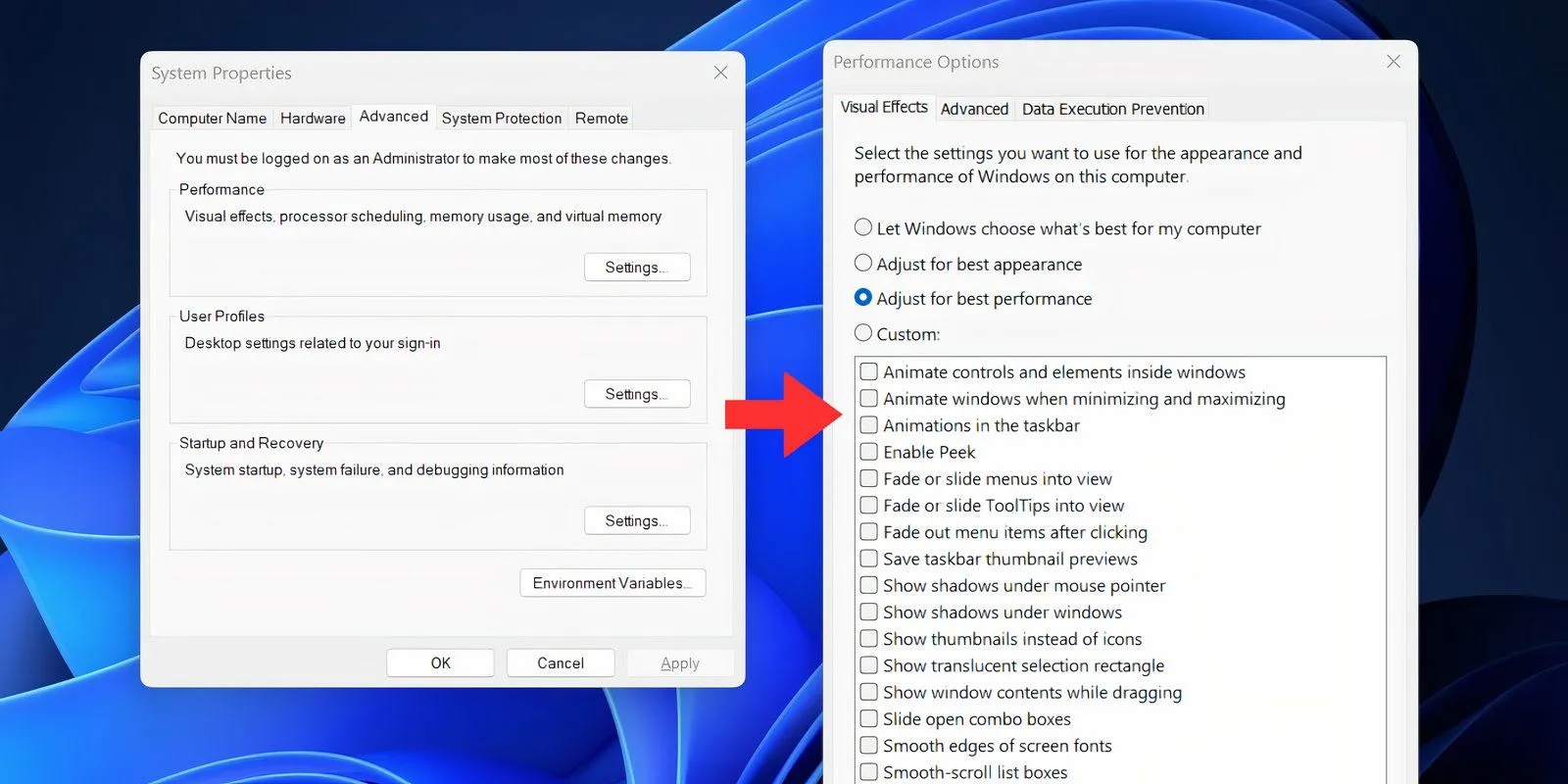 Giao diện cài đặt Hiệu ứng Hình ảnh trên Windows 11, hiển thị tùy chọn "Điều chỉnh để có hiệu suất tốt nhất" giúp tối ưu và tăng tốc hệ thống.