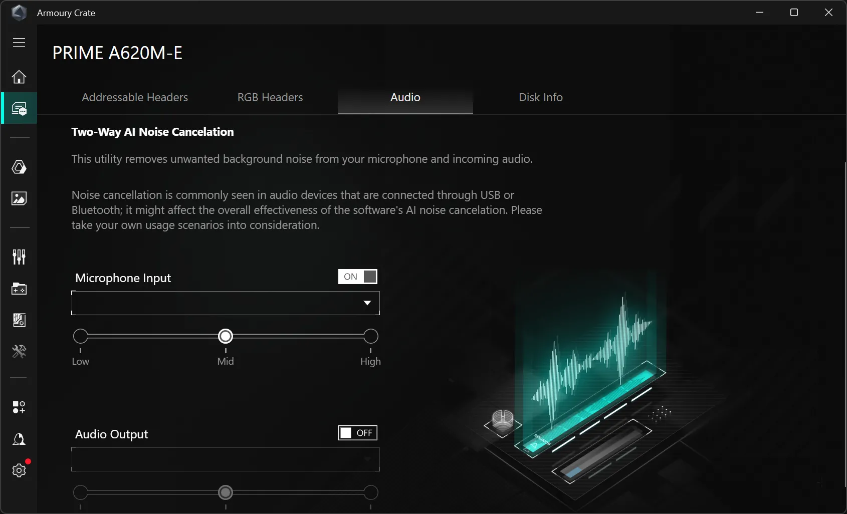 Giao diện cài đặt khử ồn AI (AI Noise Cancellation) trên phần mềm ASUS Armoury Crate, với các tùy chọn bật/tắt cho cả đầu vào và đầu ra âm thanh.