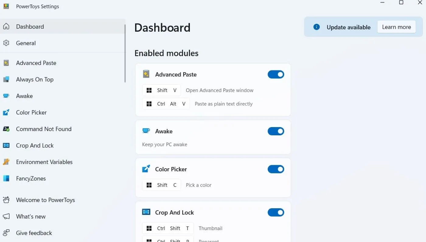 Giao diện cài đặt Microsoft PowerToys trên Windows với các tùy chọn công cụ