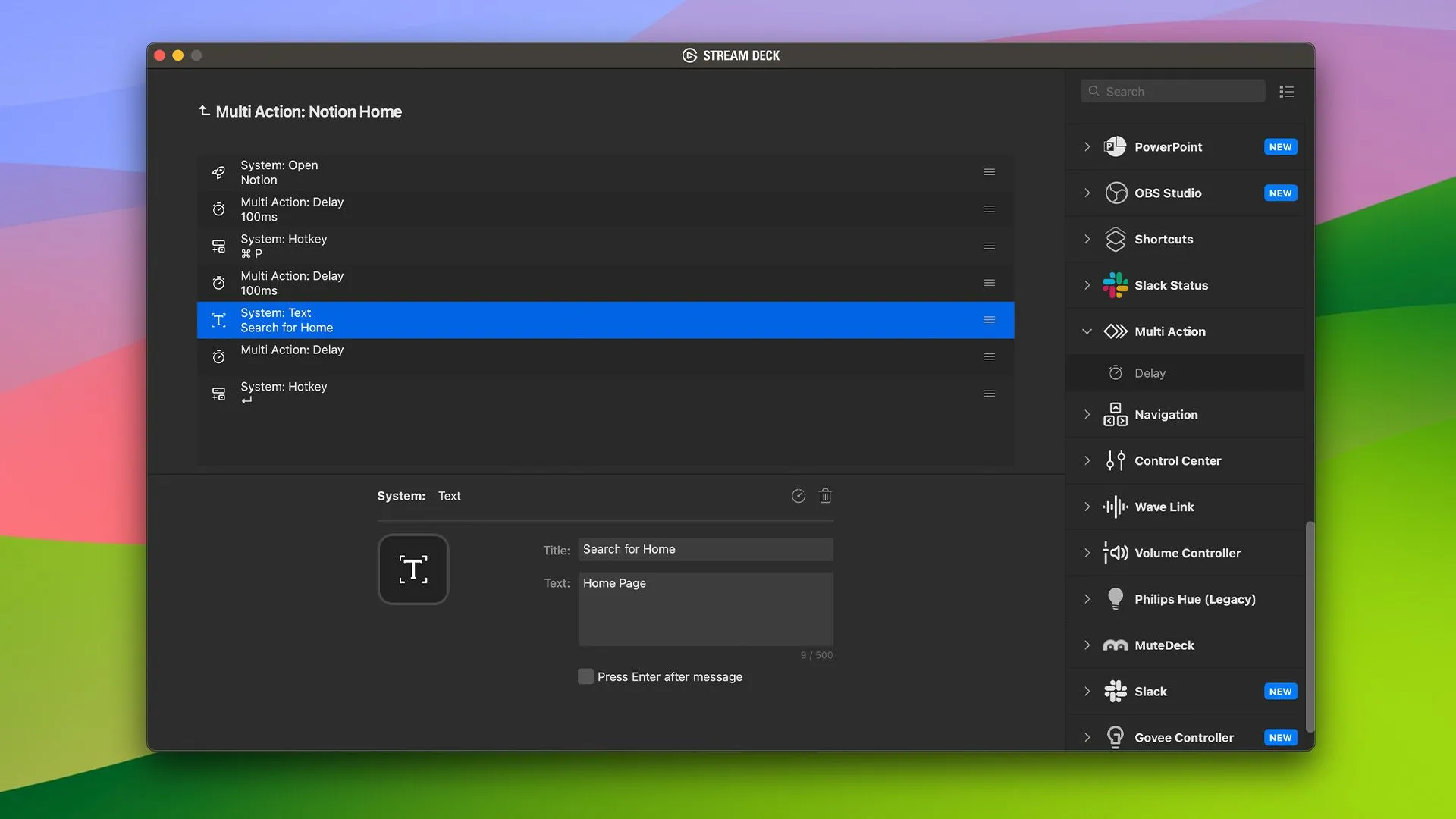 Giao diện cài đặt Multi Action trên phần mềm Stream Deck, minh họa cách tạo chuỗi tác vụ tự động hóa phức tạp chỉ bằng một nút bấm.