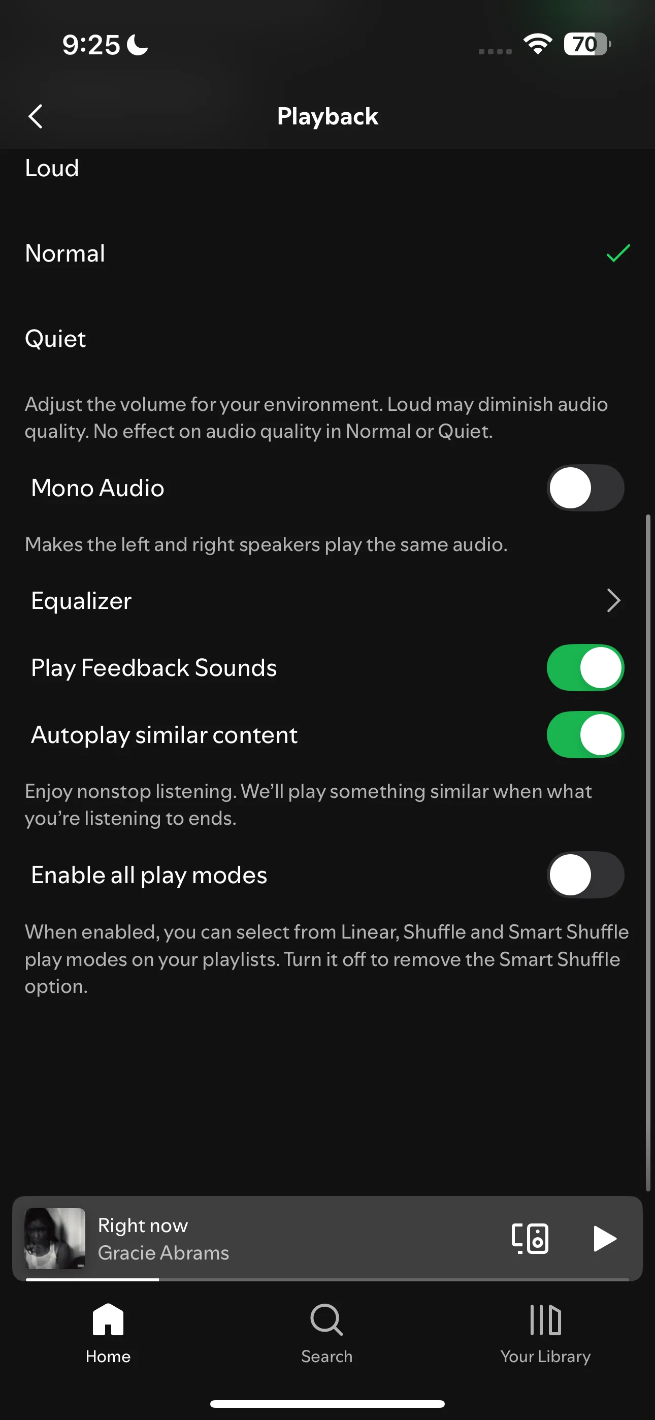 Giao diện cài đặt Phát lại (Playback) của Spotify trên iPhone