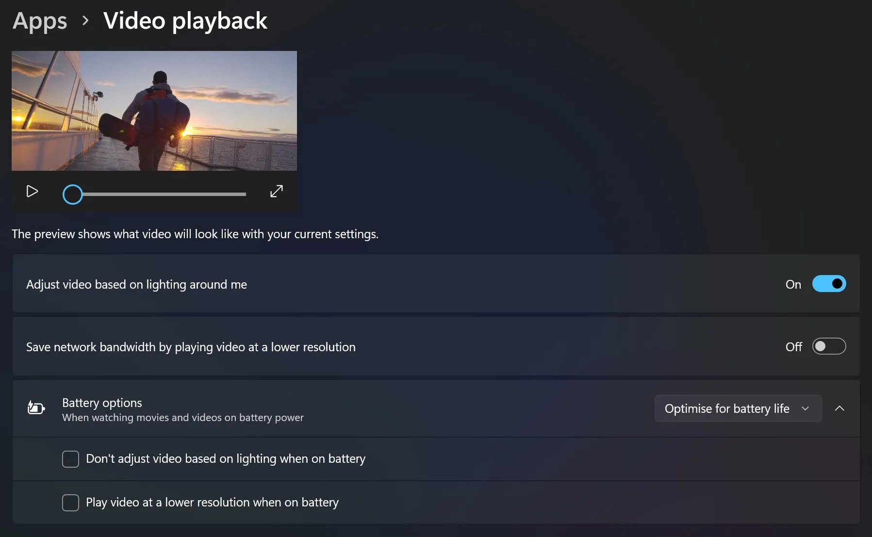 Giao diện cài đặt phát video trên Windows 11 hiển thị các tùy chọn tối ưu
