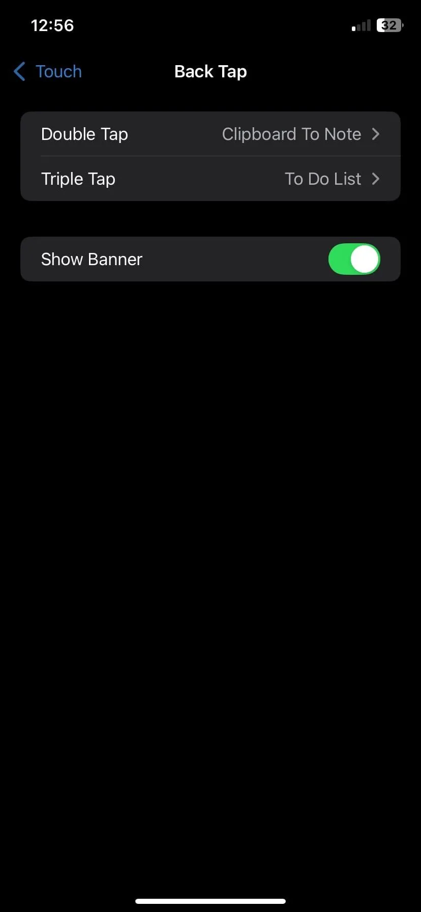 Giao diện cài đặt tính năng Chạm mặt lưng (Back Tap) trên iPhone