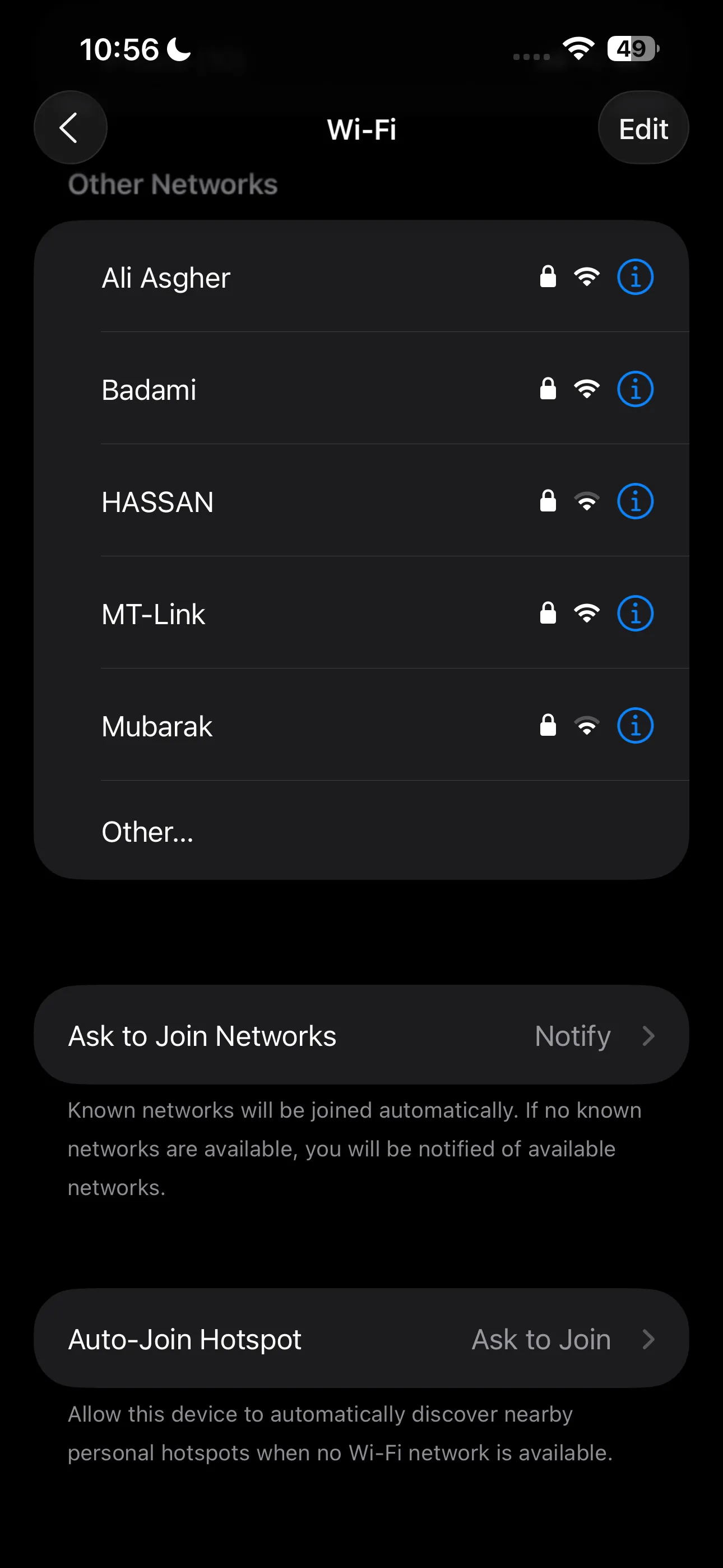 Giao diện cài đặt tùy chọn mạng Wi-Fi trên thiết bị iOS