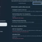 Giao diện cài đặt tùy chọn quảng cáo của Facebook, hiển thị cách tắt quảng cáo từ đối tác và thông tin về Meta để tăng cường bảo mật dữ liệu.