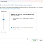 Giao diện cài đặt User Account Control (UAC) trên Windows 11 với các tùy chọn điều chỉnh mức độ bảo mật.