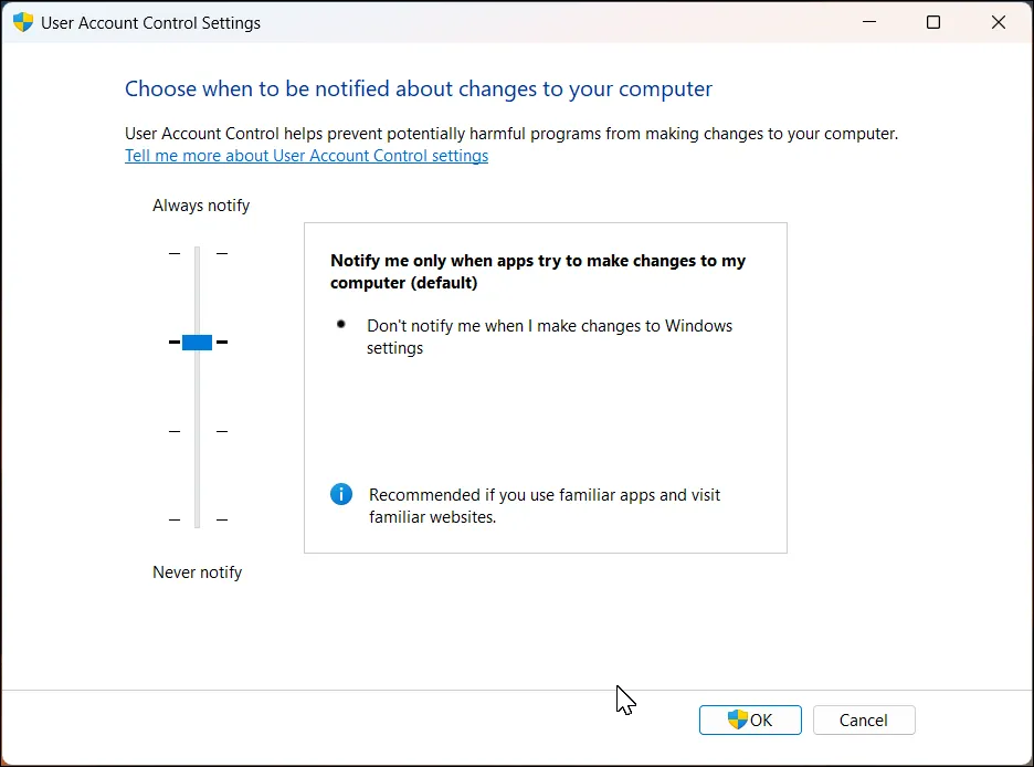 Giao diện cài đặt User Account Control (UAC) trên Windows 11 với các tùy chọn điều chỉnh mức độ bảo mật.