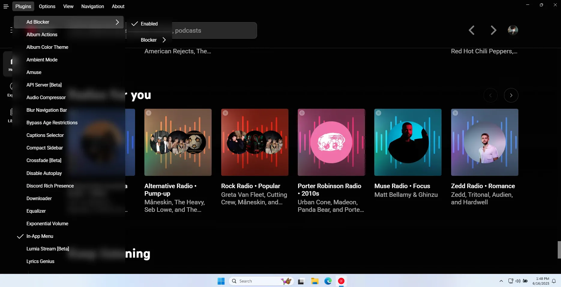 Giao diện cài đặt và quản lý plugin của Custom YouTube Music Desktop