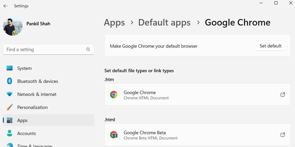 Giao diện cài đặt Windows 11 hiển thị tùy chọn đặt Chrome làm trình duyệt mặc định