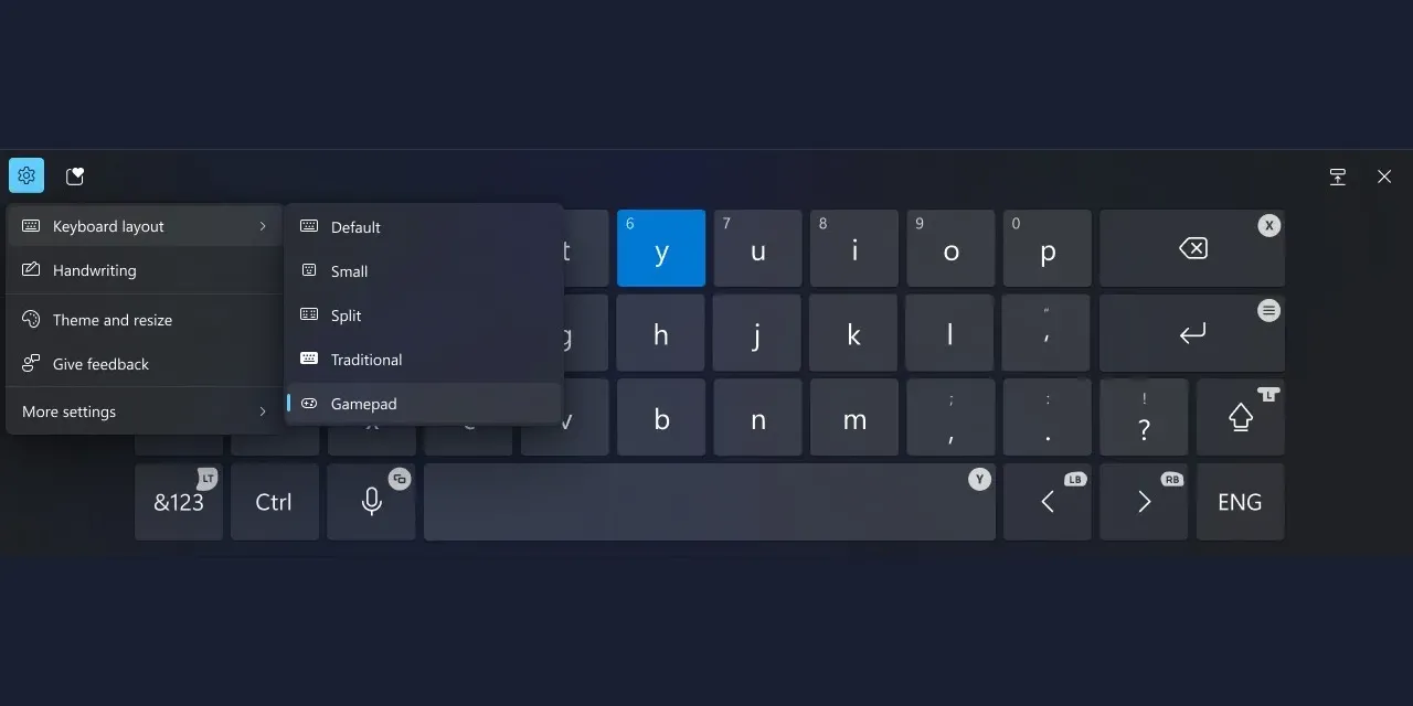 Giao diện cài đặt Windows 11 hiển thị tùy chọn thay đổi bố cục bàn phím sang Gamepad để tối ưu hóa việc điều hướng bằng tay cầm Xbox