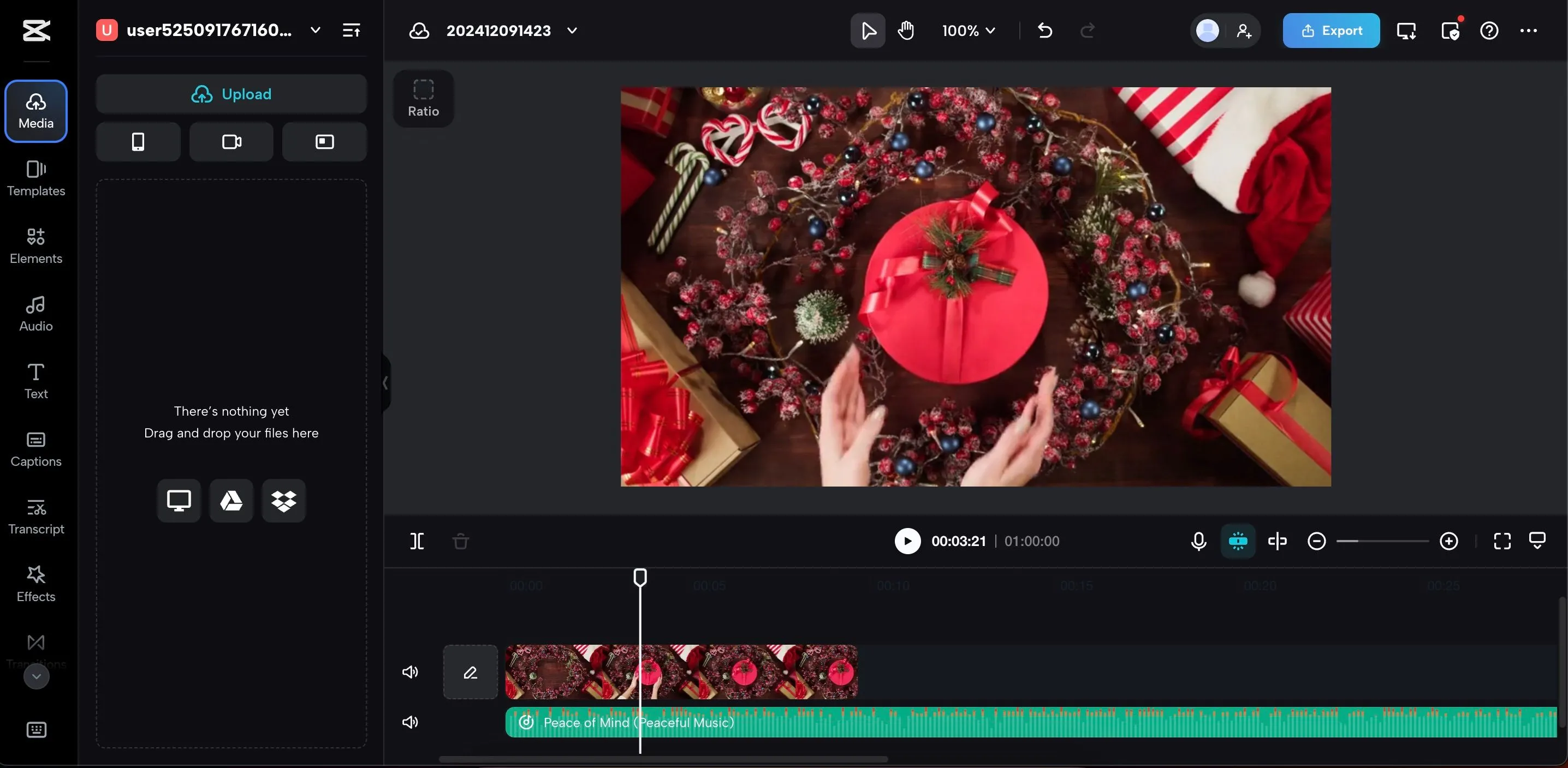 Giao diện CapCut Online với khu vực tải lên media, cho phép người dùng thêm các tệp âm thanh của riêng họ