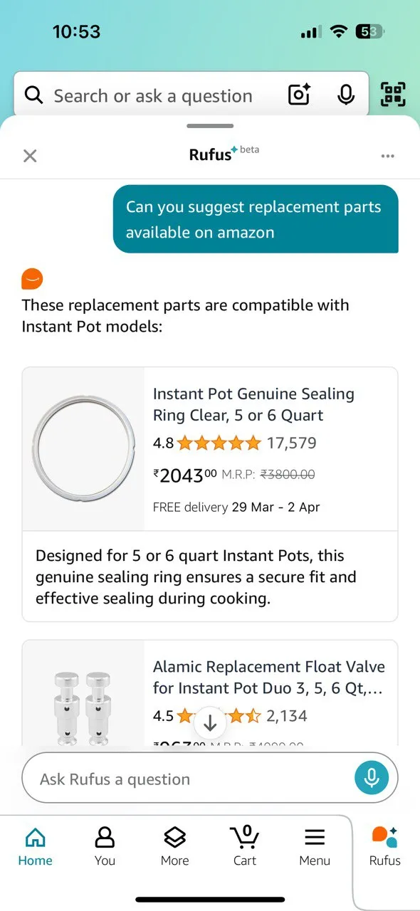 Giao diện chatbot Rufus cung cấp hướng dẫn khắc phục sự cố nồi Instant Pot bị thoát nước chậm