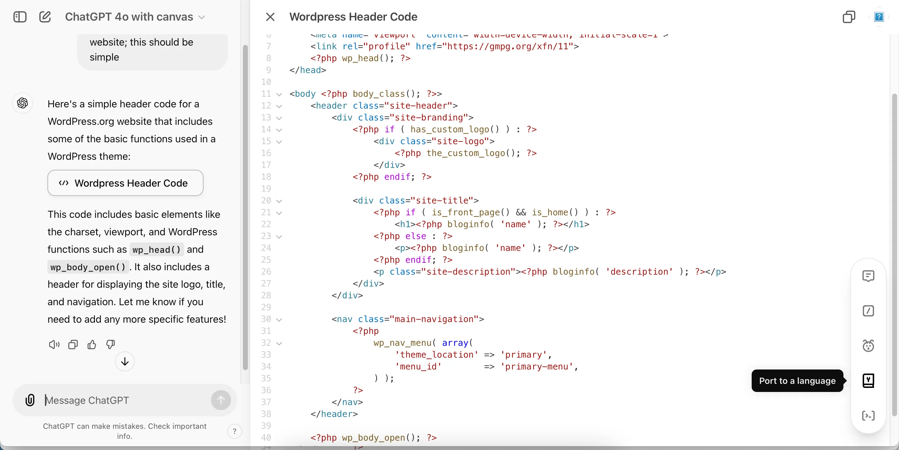 Giao diện ChatGPT Canvas hiển thị code đang được chỉnh sửa, minh họa khả năng tạo và gỡ lỗi code hiệu quả.