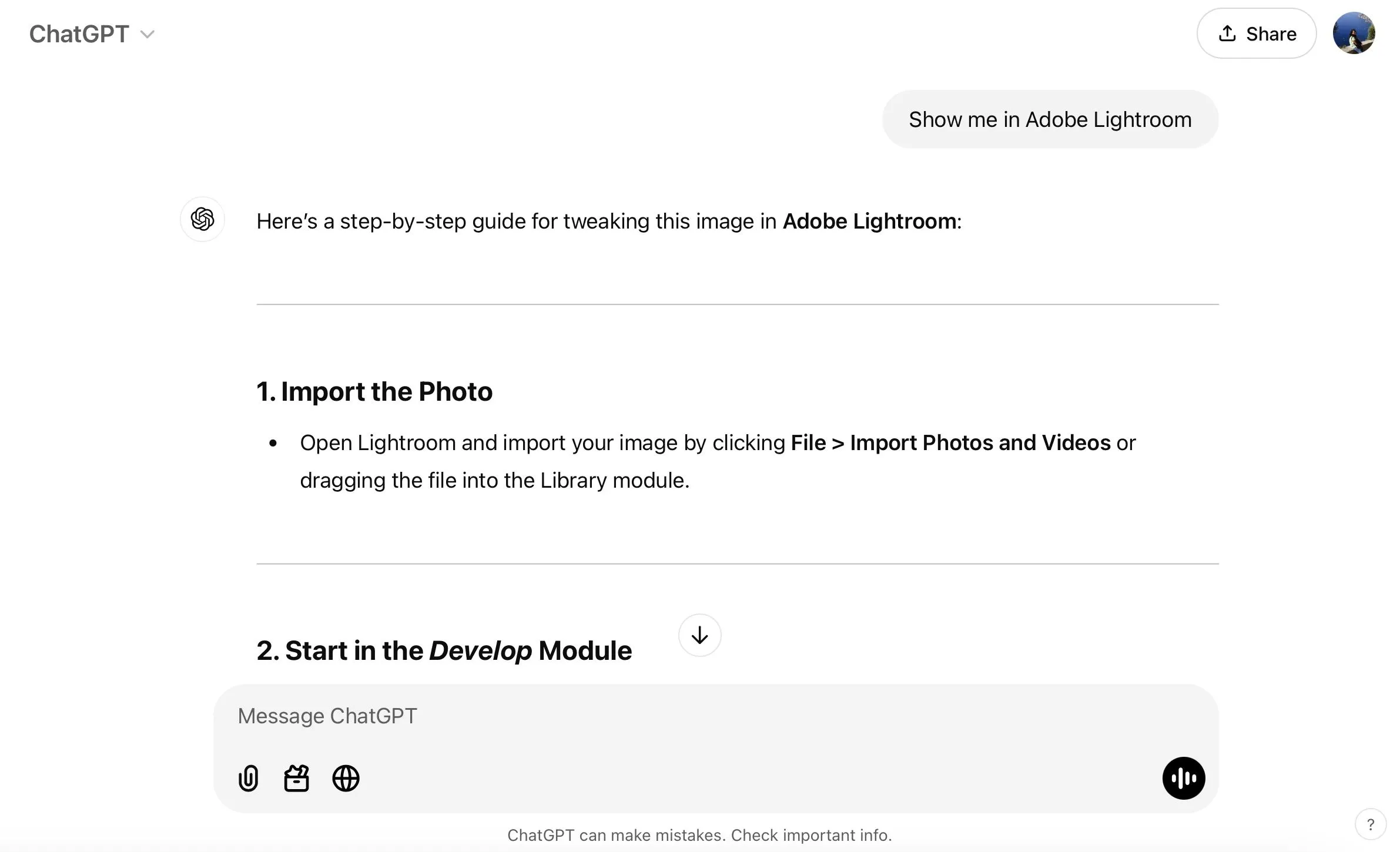 Giao diện ChatGPT đưa ra hướng dẫn chỉnh sửa ảnh chi tiết trong Lightroom