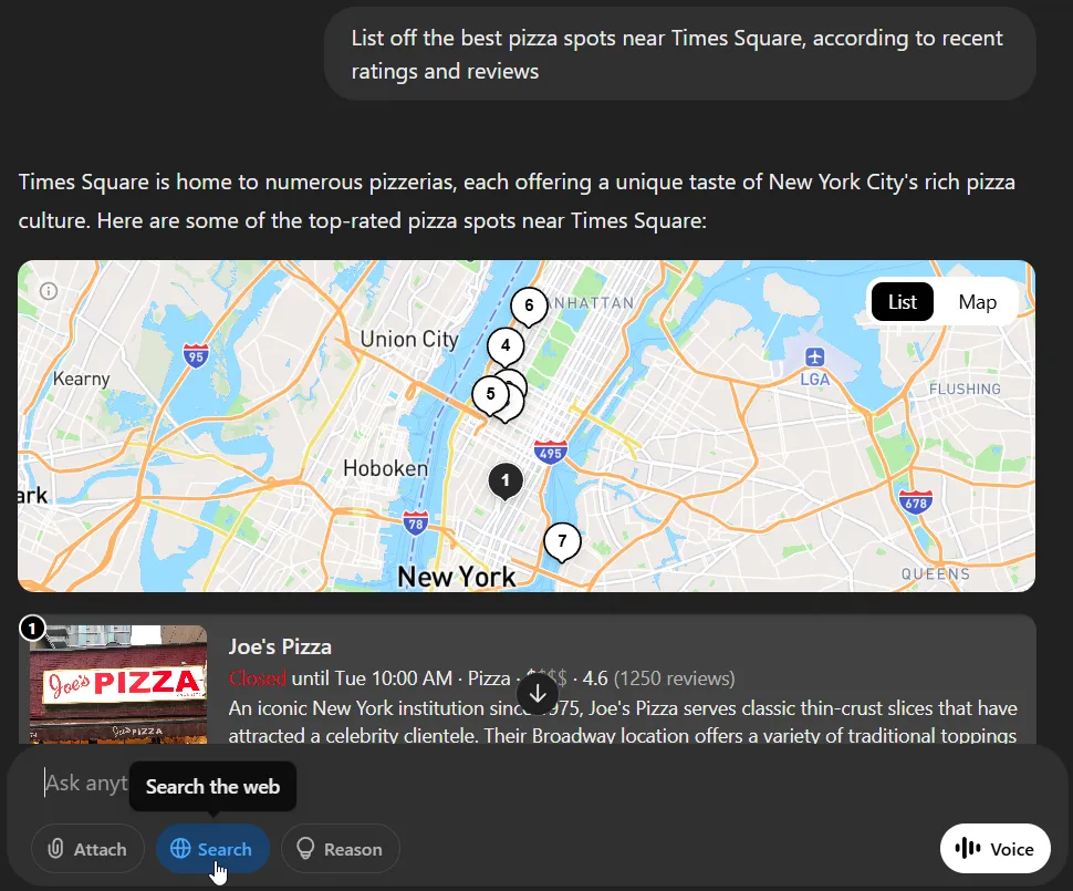 Giao diện ChatGPT hiển thị câu hỏi về quán pizza ngon nhất gần Times Square, minh họa khả năng tìm kiếm thông tin theo vị trí.
