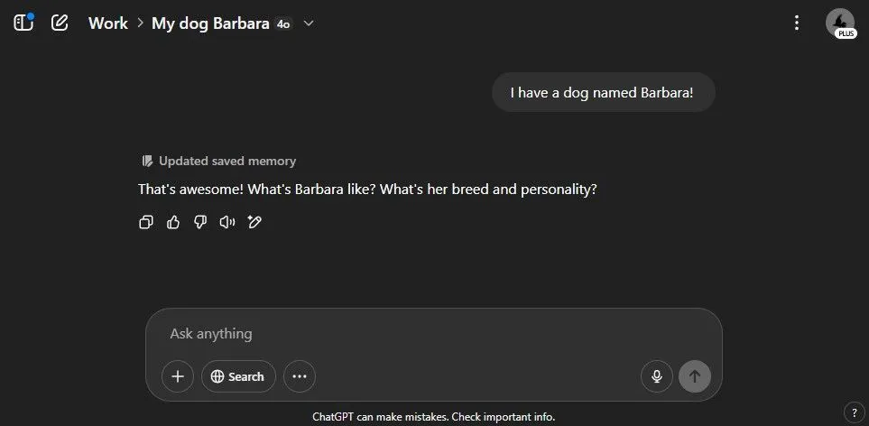 Giao diện ChatGPT hiển thị tính năng ghi nhớ thông tin người dùng trong các dự án