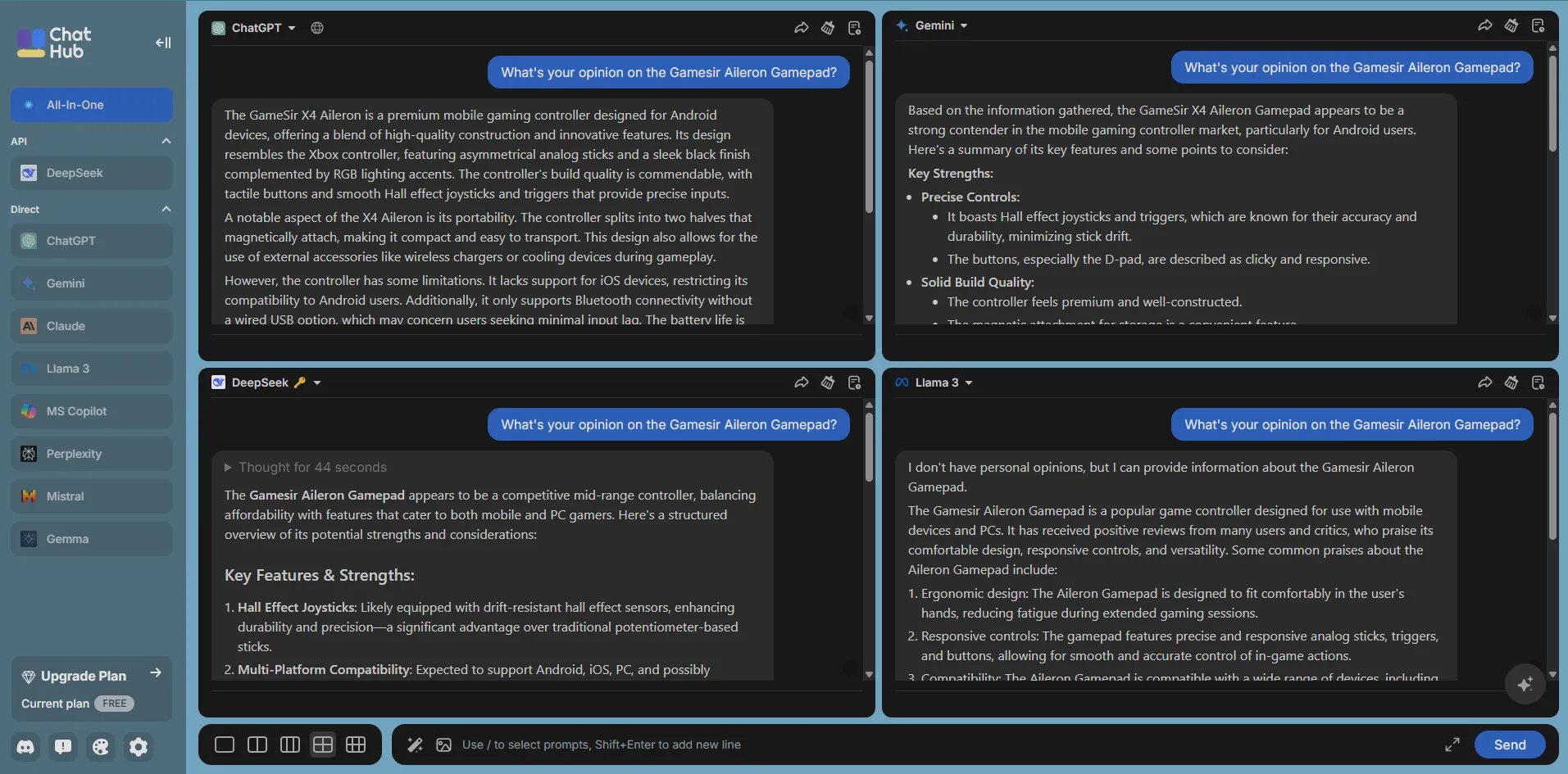 Giao diện ChatHub hiển thị khả năng so sánh đồng thời nhiều mô hình AI chatbot.