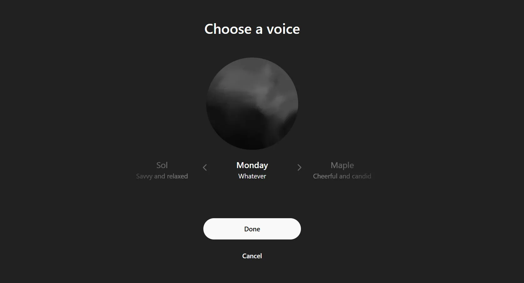 Giao diện chế độ thoại Monday Mode mới của ChatGPT, thể hiện sự cải tiến trong tương tác bằng giọng nói