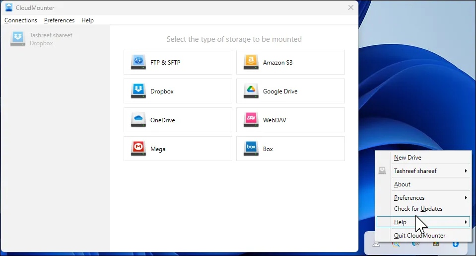 Giao diện chính CloudMounter trên Windows 11 hiển thị các tùy chọn kết nối đám mây