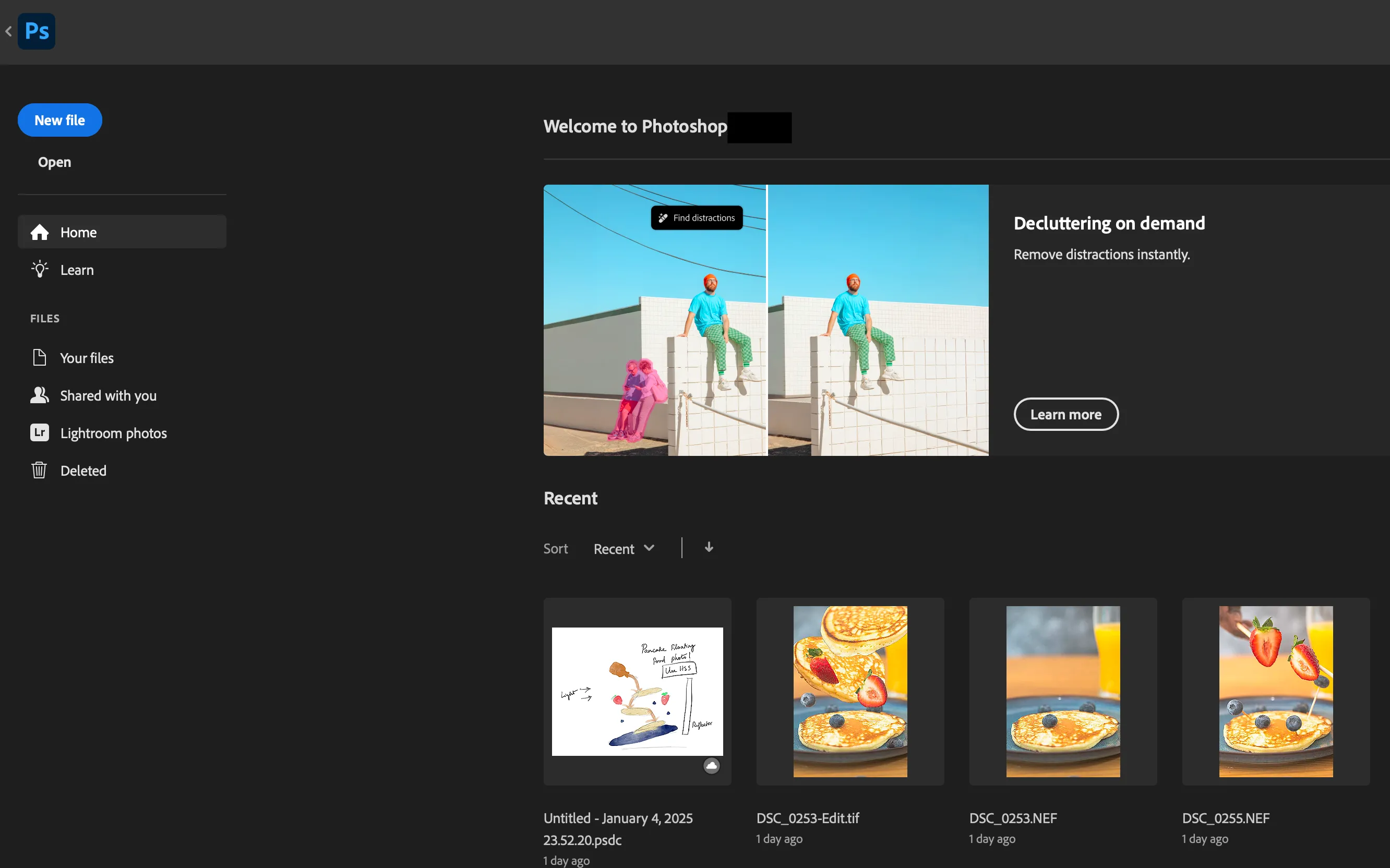 Giao diện chính của Adobe Photoshop với các dự án gần đây