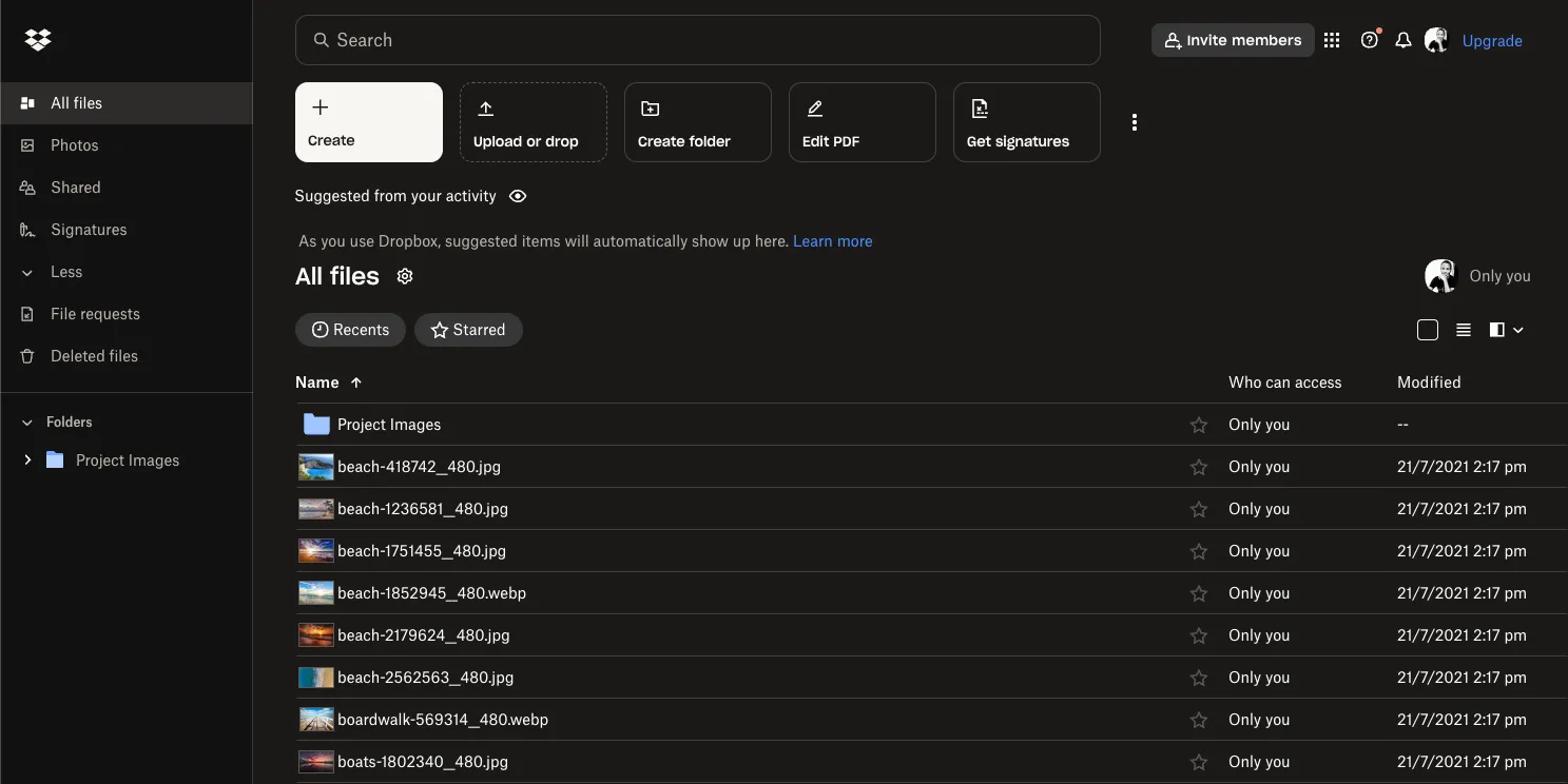Giao diện chính của Dropbox Vault, nơi lưu trữ an toàn các tệp quan trọng trong gói dịch vụ đám mây trả phí.