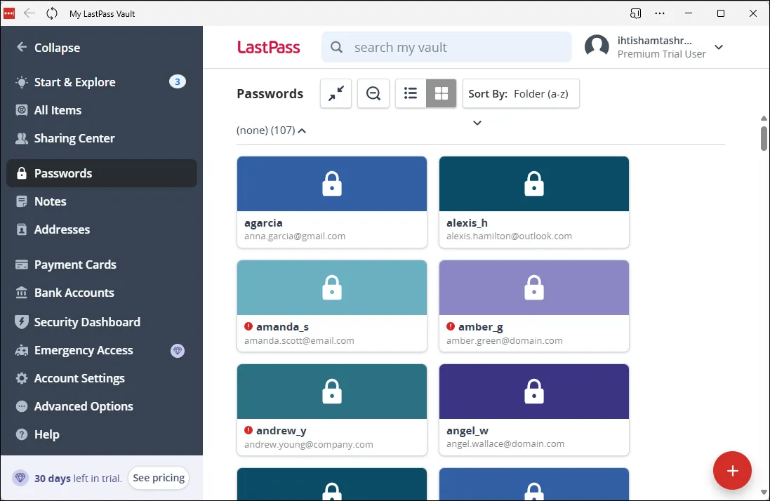 Giao diện chính của LastPass, hiển thị các tính năng nâng cao như tạo mật khẩu mạnh và kiểm tra bảo mật.