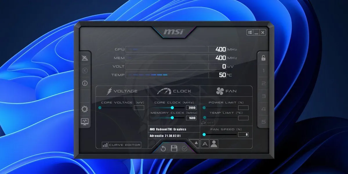 Giao diện chính của MSI Afterburner trên Windows 11, hiển thị các thông số giám sát GPU và tùy chọn ép xung.