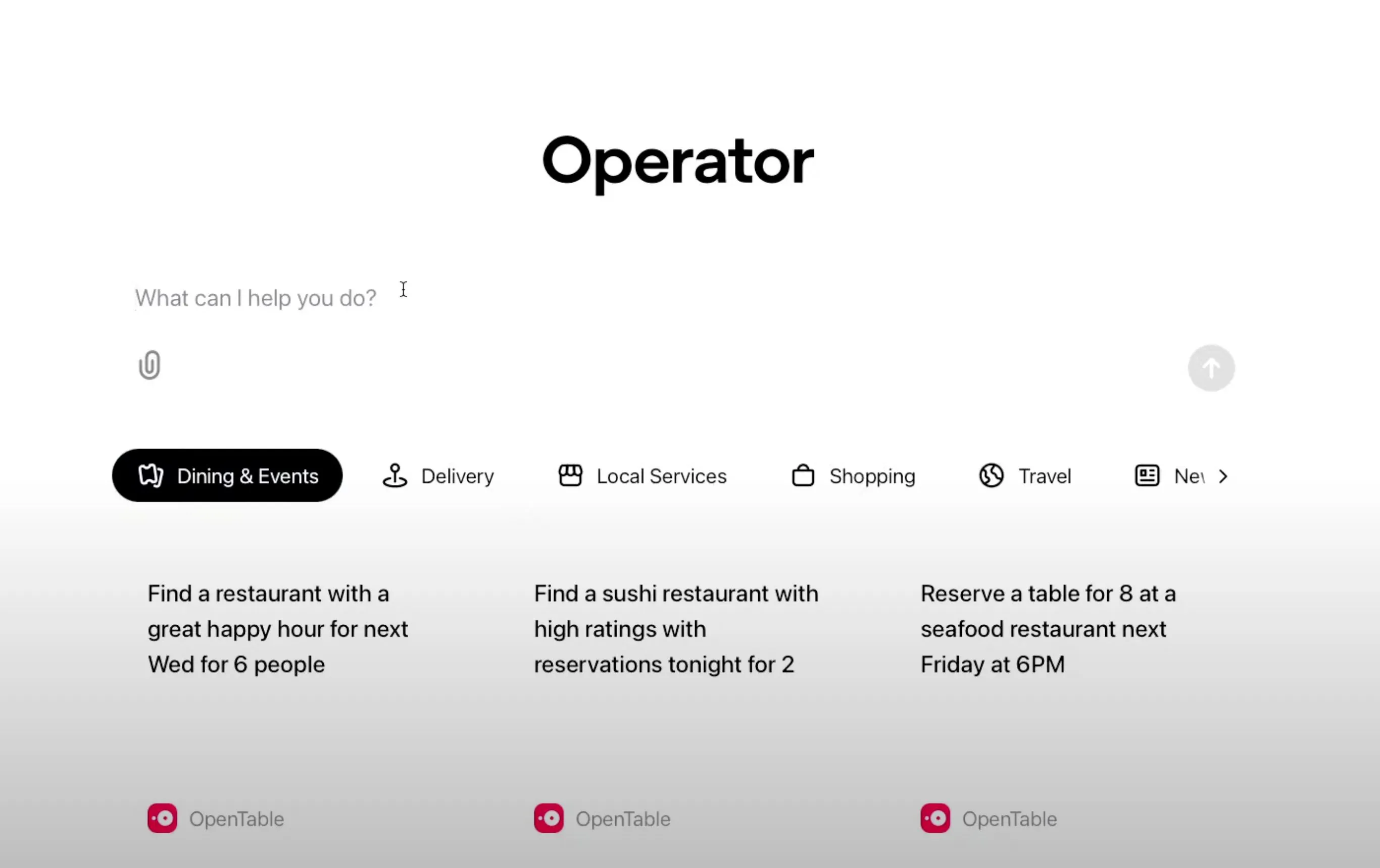 Giao diện chính của OpenAI Operator, một ví dụ về AI Agent tùy chỉnh và ứng dụng thực tế.