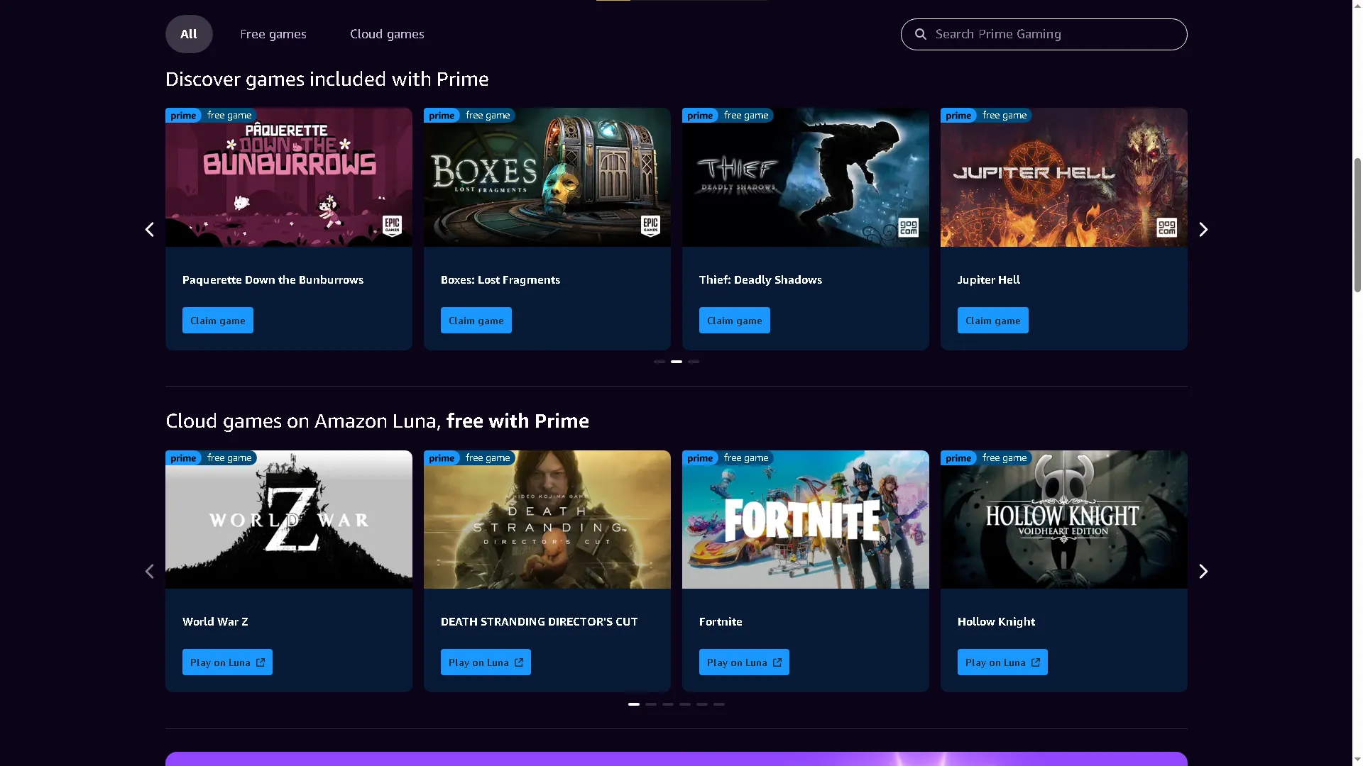 Giao diện chính của Prime Gaming với các tựa game và gói ưu đãi miễn phí