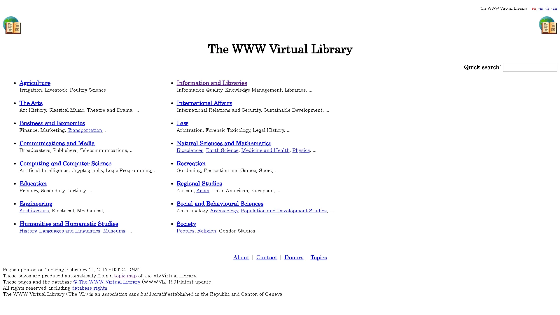 Giao diện chính của Thư viện ảo World Wide Web (WWW VL), chỉ mục nội dung trực tuyến đầu tiên