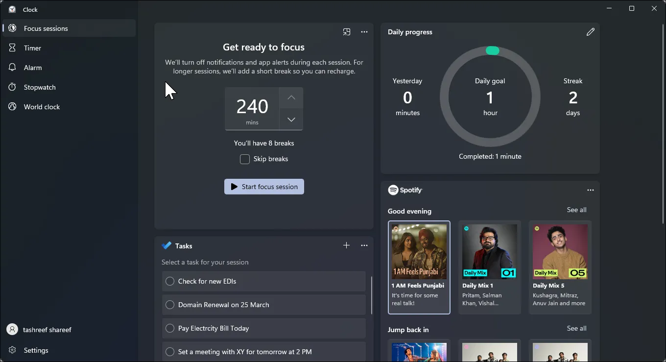 Giao diện chính của tính năng Focus Sessions trên Windows 11