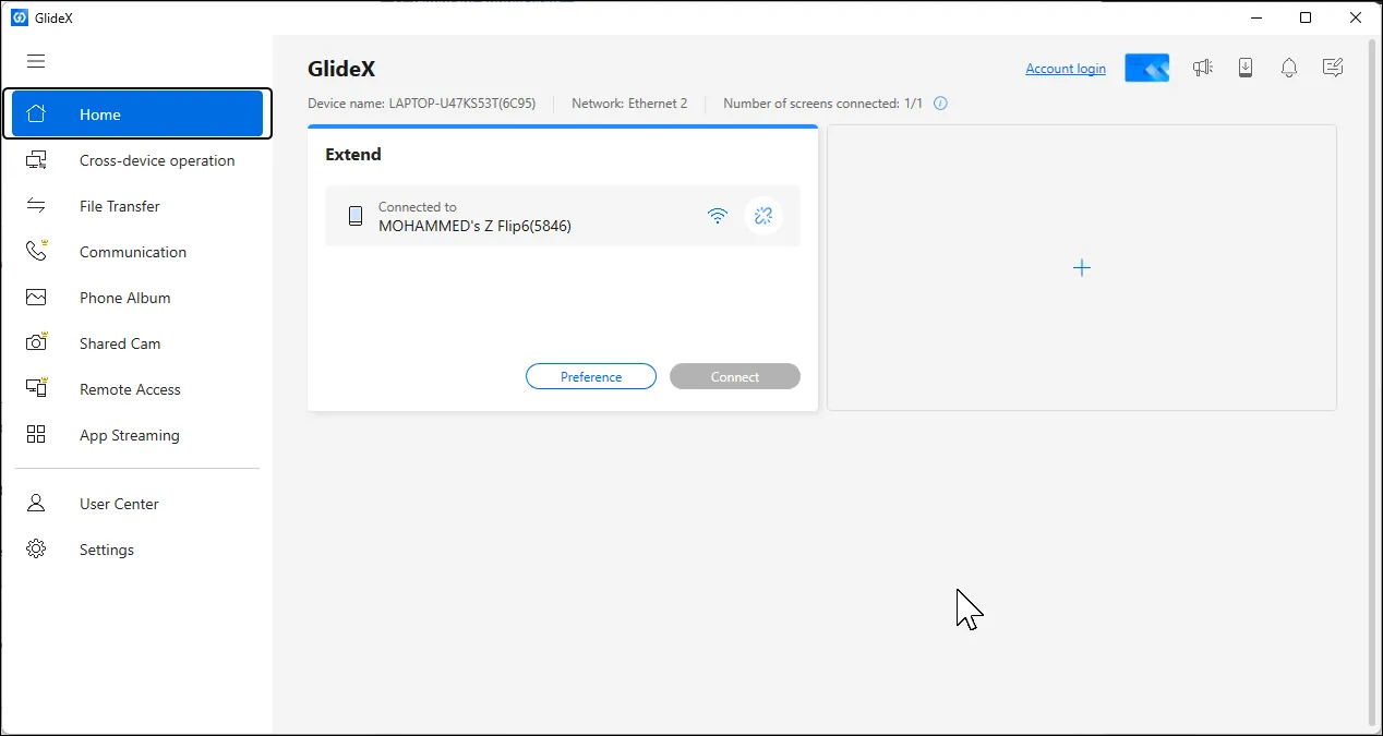 Giao diện chính của ứng dụng GlideX trên Windows 11, hiển thị các tính năng chính